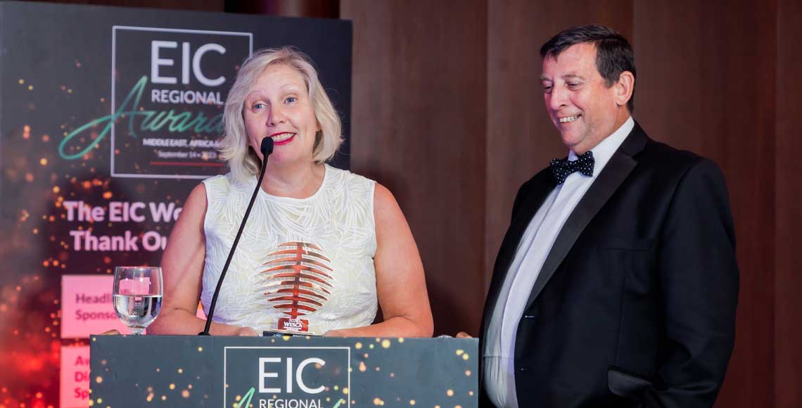 Ann and Howard Johnson collect the 'service and solutions' award at the EIC Middle East, Africa and CIS regional awards ceremony 